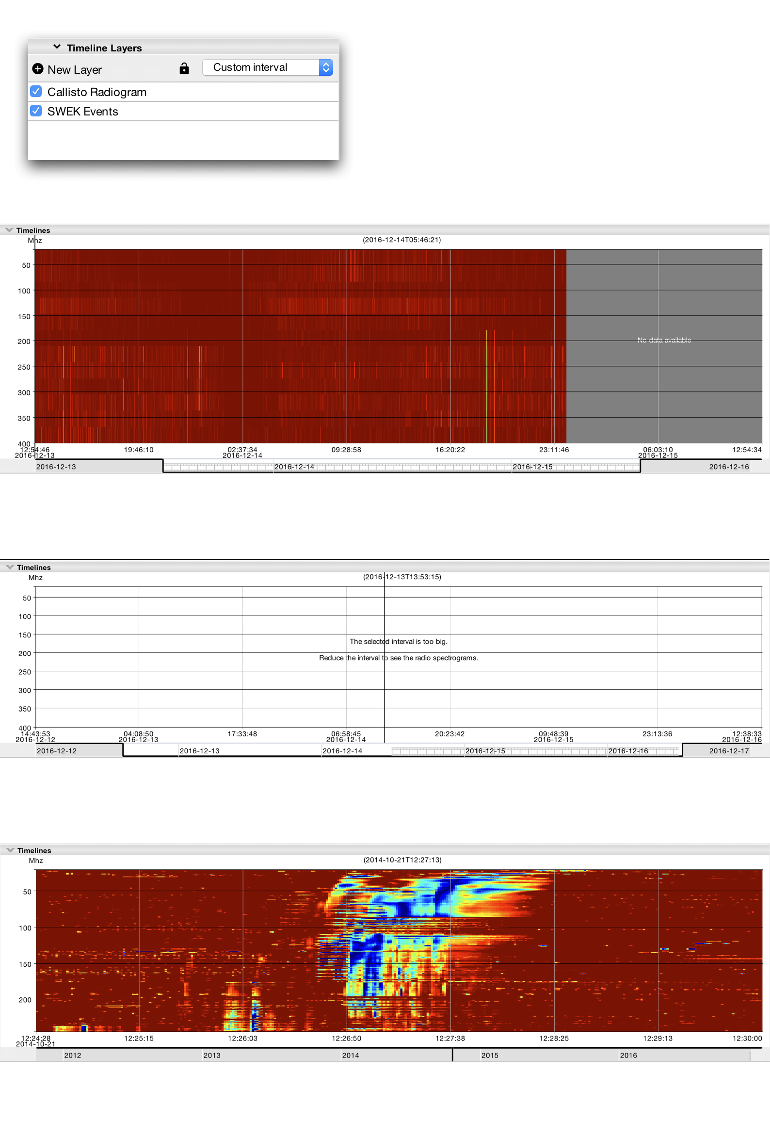 From top to bottom: radio data in the timeline list, part of the time interval had no data, the visible interval was too big and detailed zoom of the data